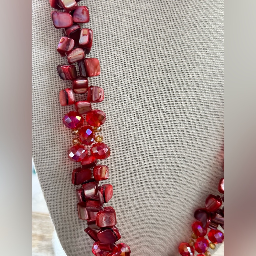 Bold Red Shell & Crystal Beaded Statement Necklace - image 2
